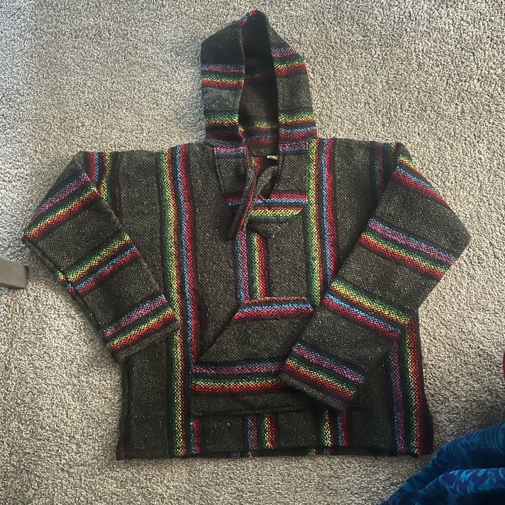 Baja sweater- green with rainbow stripes